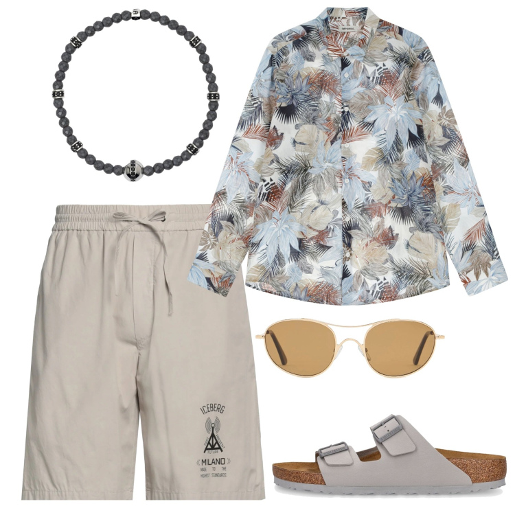 Outfit uomo - Colori polverosi. Stile Casual per Tutti i giorni. Abbinamento con shorts, braccialetti, camicie, sandali, occhiali da sole.