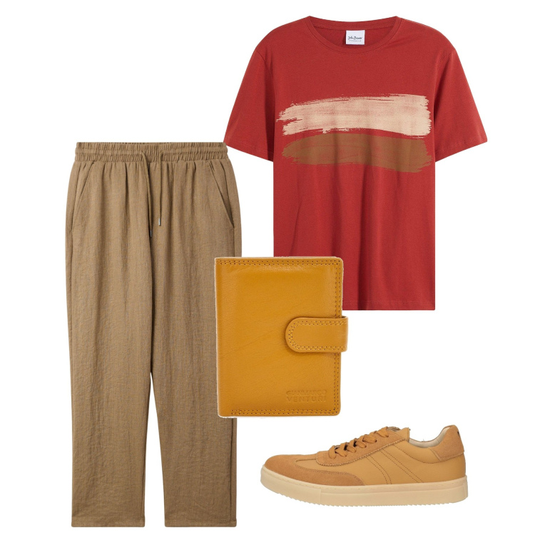 Outfit uomo - Giugno. Stile Casual per Tutti i giorni. Abbinamento con t-shirt, sneakers, pantaloni, portafogli.
