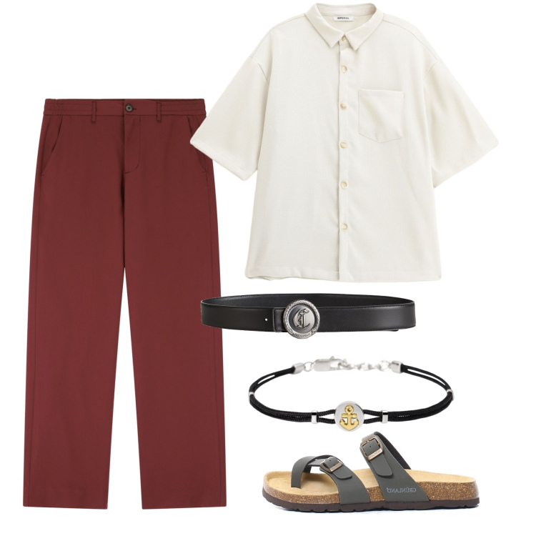 Outfit uomo - Giugno. Stile Casual per Tutti i giorni. Abbinamento con cinture, braccialetti, pantaloni, camicie a manica corta, sandali.