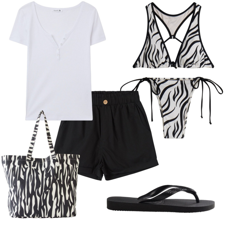 Outfit donna - Pronta per il mare. Stile Basic per Mare. Abbinamento con shopping bag, pantaloni corti, t-shirt, bikini, bikini, infradito.