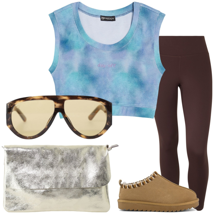 Outfit donna - Caffè al bar sotto casa. Stile Basic per Tutti i giorni. Abbinamento con occhiali da sole, top, pantaloni, borse a tracolla, sabot.