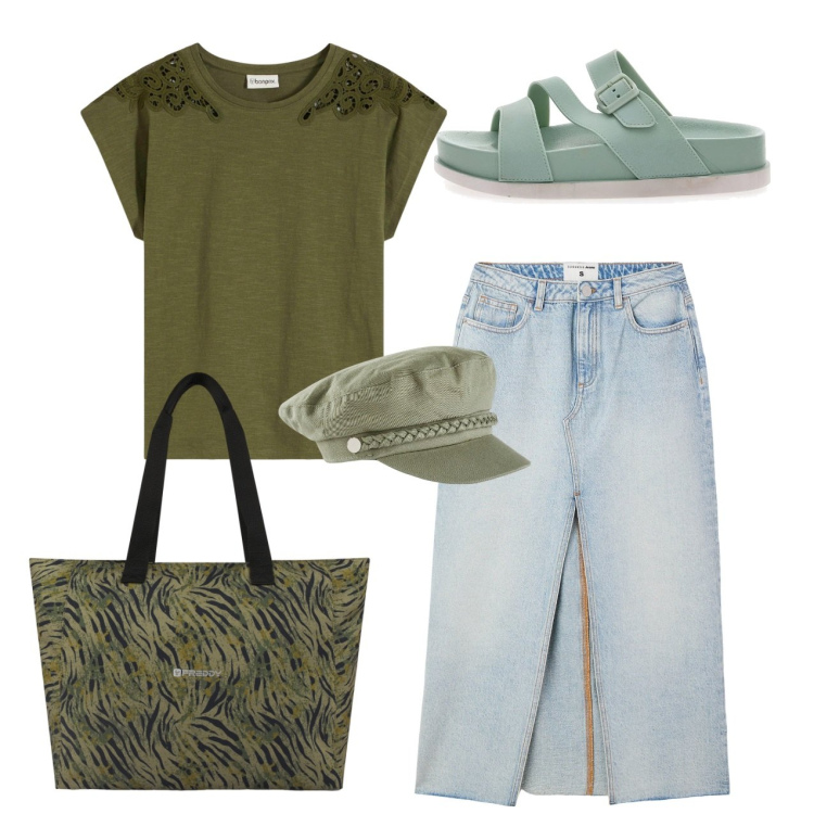 Outfit donna - Verde e jeans. Stile Casual per Tutti i giorni. Abbinamento con t-shirt, cappelli, gonne lunghe, shopping bag, ciabatte.