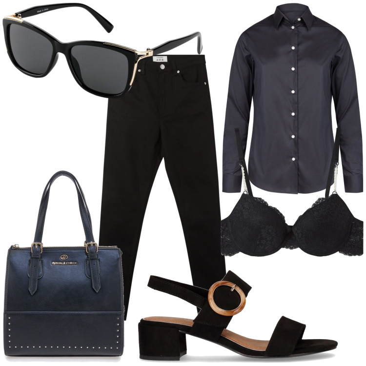 Outfit donna - Inatteso bra in pizzo. Stile Mannish per Ufficio. Abbinamento con occhiali da sole, pantaloni skinny, reggiseni a balconcino, camicie, borse a mano, sandali col tacco.