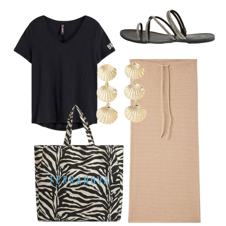 Outfit donna - Sofisticata così. Stile Chic per Tutti i giorni. Abbinamento con t-shirt, borse tote, gonne lunghe, orecchini, sandali.