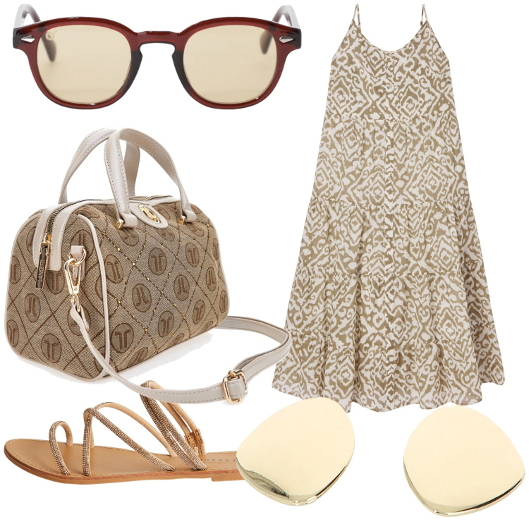 Outfit donna - Un fresco abito. Stile Trendy per Tutti i giorni. Abbinamento con vestiti lunghi, sandali, occhiali da sole, orecchini, borse a mano.