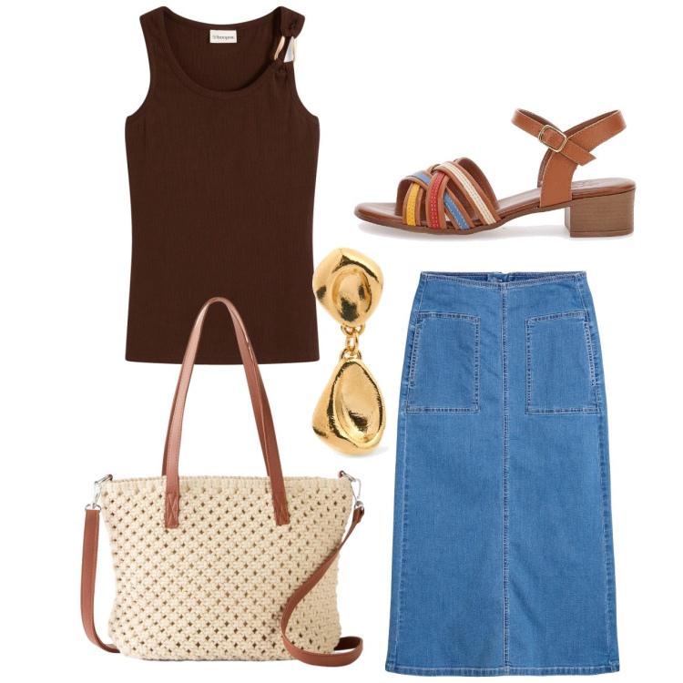 Outfit donna - Canotta e sandali. Stile Casual chic per Tutti i giorni. Abbinamento con borse a mano, top, gonne longuette, sandali col tacco, orecchini.