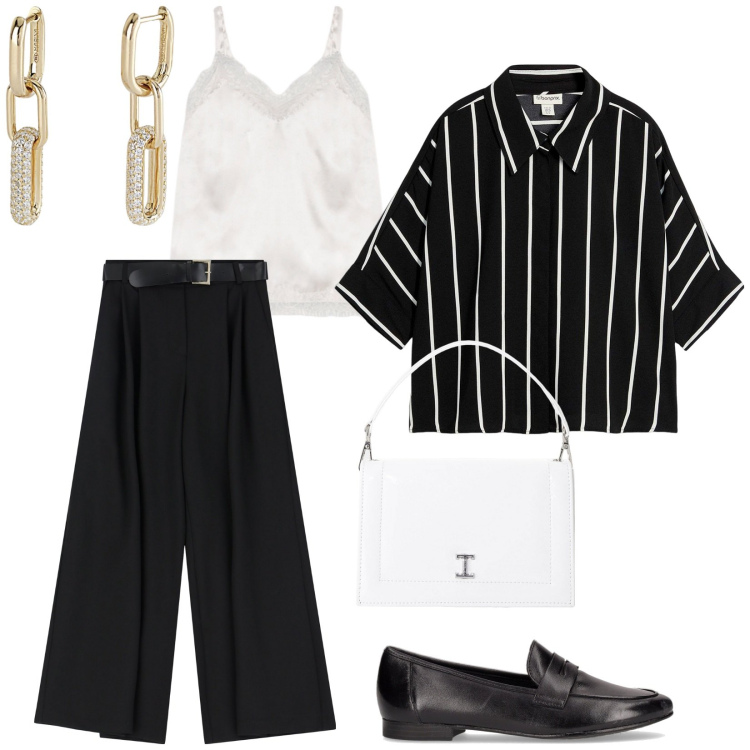 Outfit donna - Oggi così. per Scuola/Università. Abbinamento con camicie a manica corta, orecchini, pantaloni a palazzo, borse a tracolla, canottiere, mocassini.