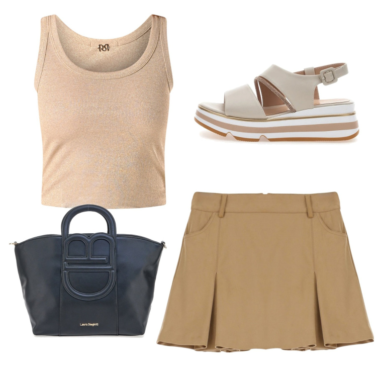 Outfit donna - Mini beige. Stile Preppy per Tutti i giorni. Abbinamento con canottiere, minigonne, sandali, borse a tracolla.