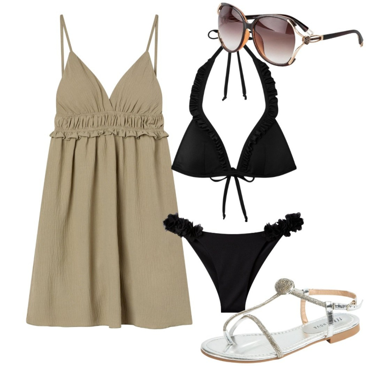 Outfit donna - Mare. Stile Casual chic per Mare. Abbinamento con occhiali da sole, vestiti corti, bikini, bikini, ciabatte.