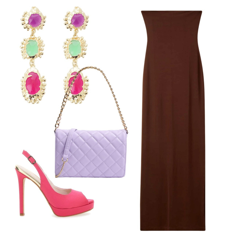 Outfit donna - Strapless cerimonia. Stile Chic per Cerimonia. Abbinamento con vestiti lunghi, borse a tracolla, orecchini, décolleté.