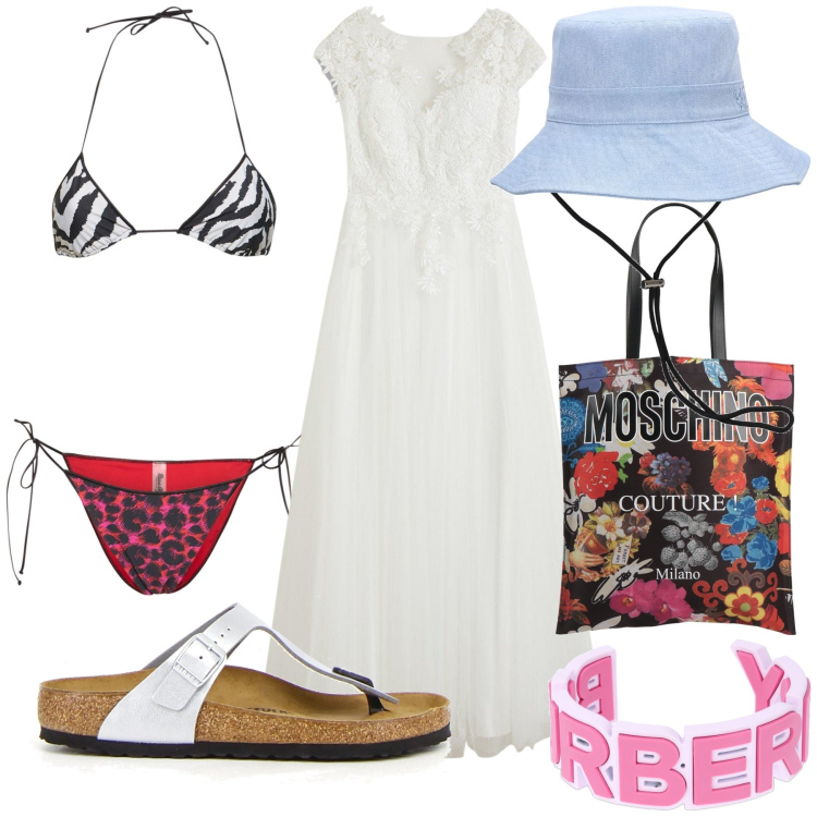 Outfit donna - Mix on the seaside. Stile Trendy per Mare. Abbinamento con vestiti, borse a mano, braccialetti, cappelli, infradito, bikini.