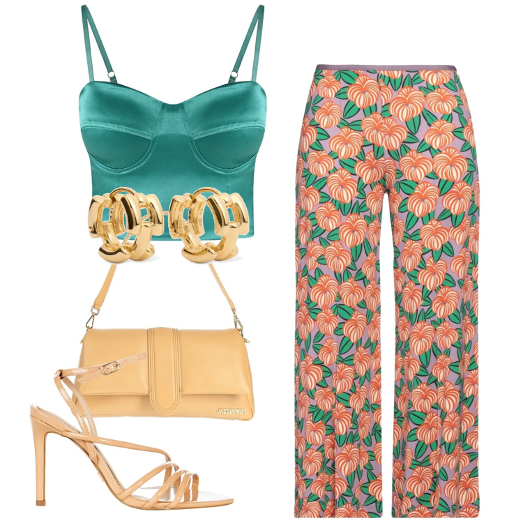 Outfit donna - Serata colors. Stile Chic per Serata fuori. Abbinamento con pantaloni, borse a mano, sandali col tacco, canottiere, orecchini.