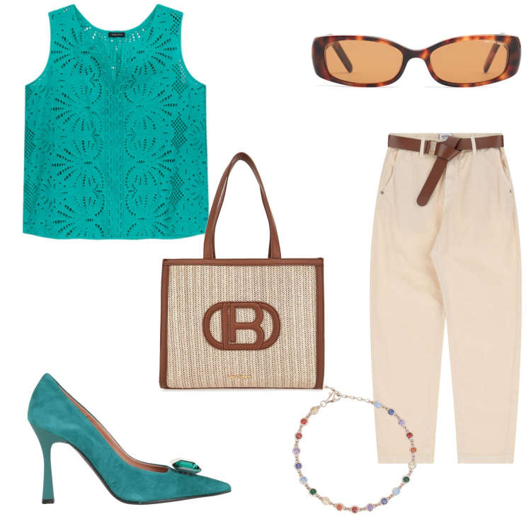 Outfit donna - Semplicemente chic. Stile Chic per Ufficio. Abbinamento con décolleté, braccialetti, pantaloni chino, top, borse a spalla, occhiali da sole.