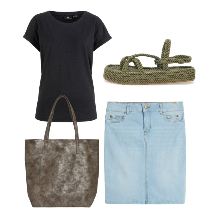 Outfit donna - Daily. Stile Casual per Tutti i giorni. Abbinamento con gonne, t-shirt, borse tote, sandali.