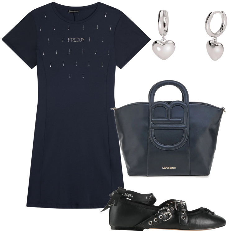 Outfit donna - Con l amica del cuore. Stile Basic per Tutti i giorni. Abbinamento con ballerine, orecchini, vestiti, borse a tracolla.