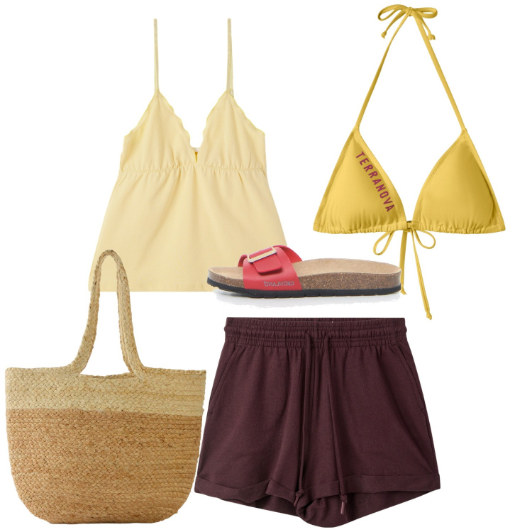 Outfit donna - Al mare. Stile Casual per Mare. Abbinamento con shopping bag, shorts, canottiere, bikini, ciabatte.