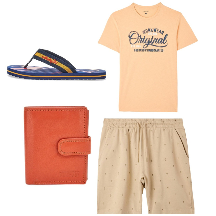 Outfit uomo - Mare. Stile Casual per Mare. Abbinamento con t-shirt, bermuda, portafogli, sandali.