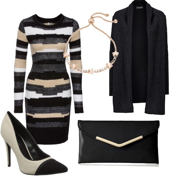 Outfit donna - Chic #18486. Stile Chic per Serata fuori. Abbinamento con cardigans, vestito in in maglia jacquard multicolore e grigio, scarpe col tacco bianco, bracciale, shopping bag taglia unica nero.