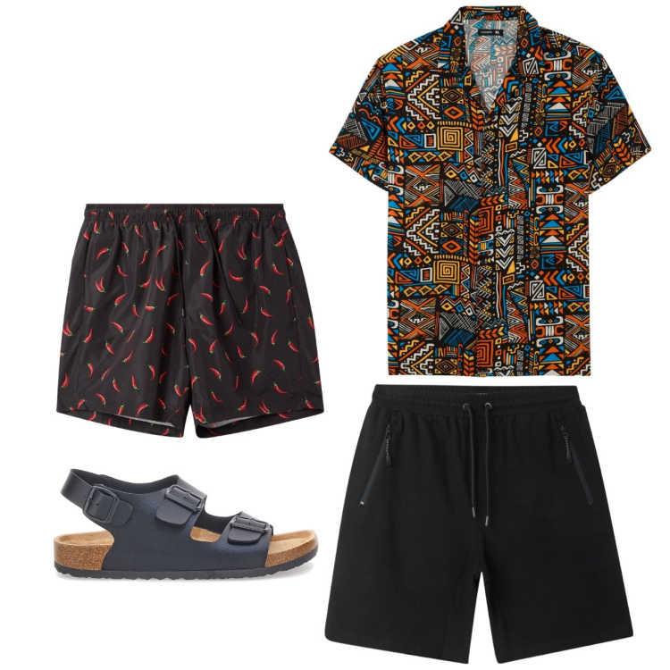 Outfit uomo - Mare. Stile Casual per Mare. Abbinamento con bermuda, costumi, camicie a manica corta, sandali.