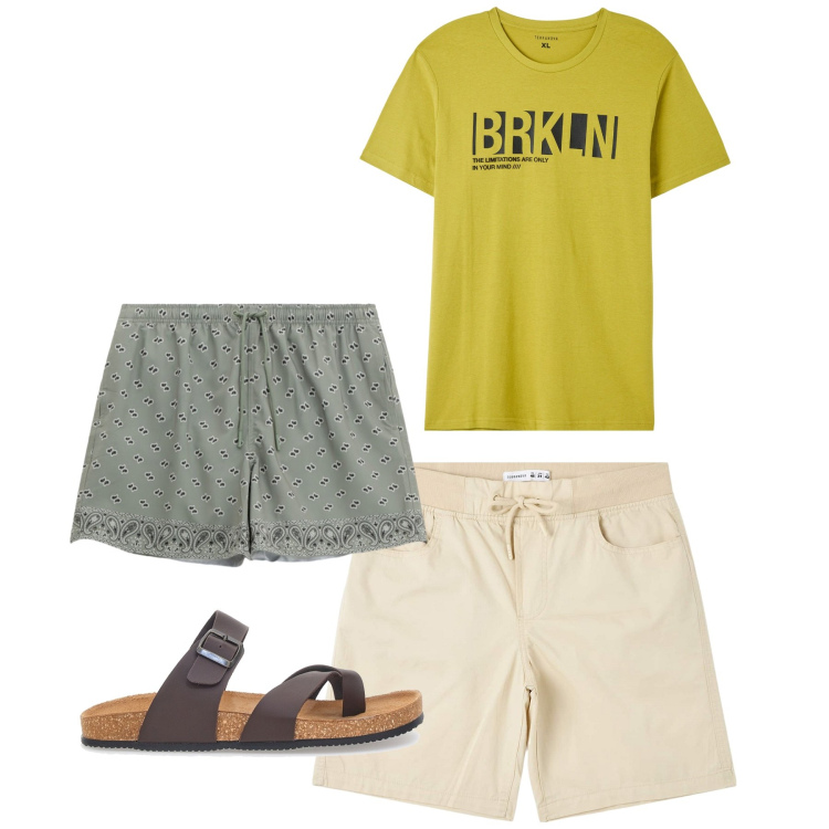 Outfit uomo - Cedro. Stile Casual per Mare. Abbinamento con t-shirt, shorts, costumi, sandali.