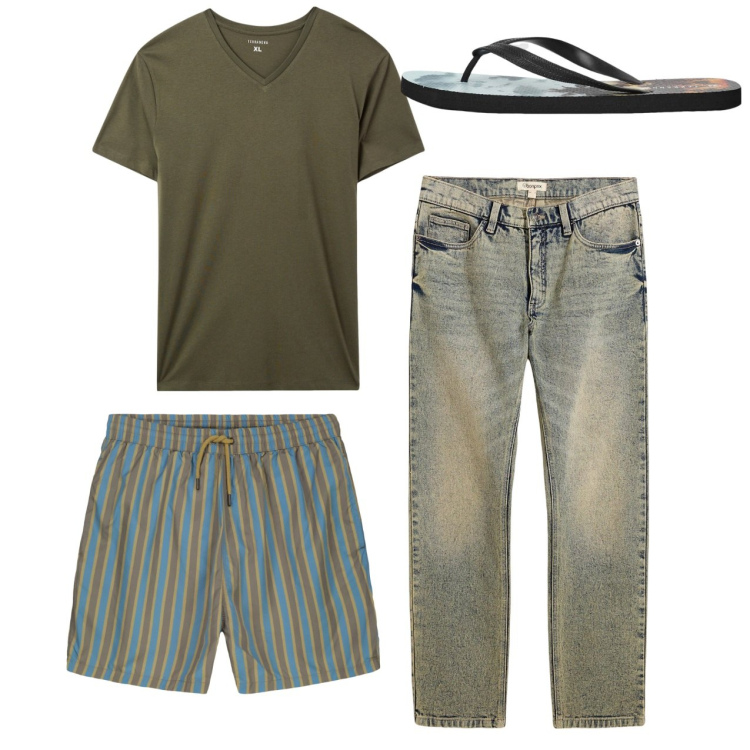 Outfit uomo - Casual. Stile Casual per Mare. Abbinamento con jeans dritti, sandali, t-shirt, costumi.