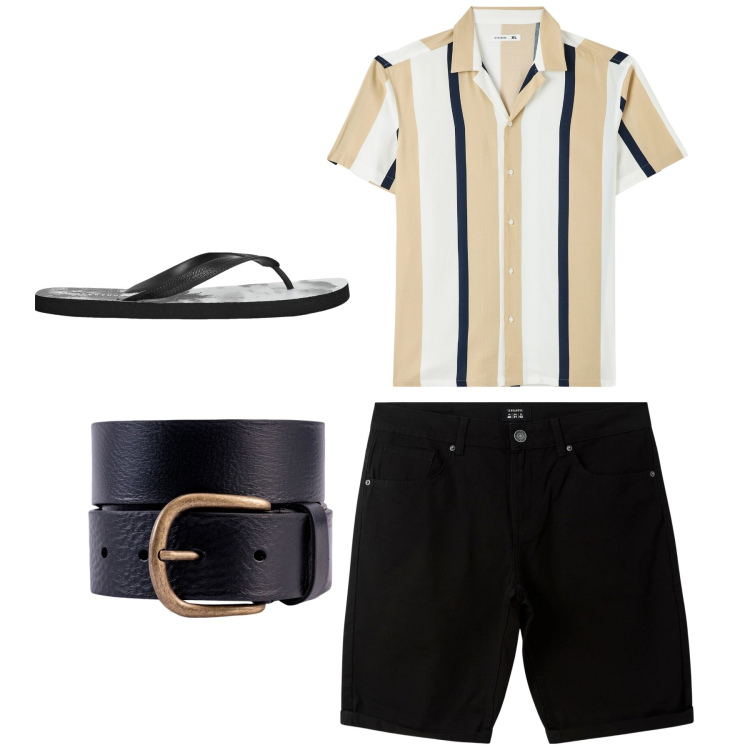 Outfit uomo - Serata casual. Stile Casual per Serata speciale. Abbinamento con camicie a manica corta, bermuda, sandali, cinture.