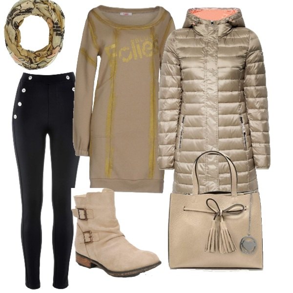 Outfit donna - Trendy #29983. Stile Trendy per Tutti i giorni. Abbinamento con leggings, vestito corto, stivaletti beige, giubbotto marrone e grigio, borsa a mano beige e grigio, sciarpa taglia unica beige.