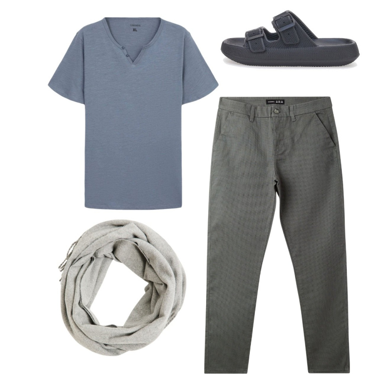 Outfit uomo - Un po\' di vento. Stile Casual per Tutti i giorni. Abbinamento con pantaloni chino, t-shirt, sciarpe, sandali.