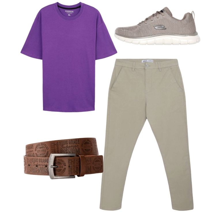 Outfit uomo - Viola. Stile Casual per Tutti i giorni. Abbinamento con cinture, pantaloni chino, t-shirt, sneakers.