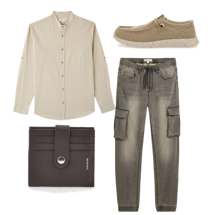 Outfit uomo - Cargo greige. Stile Casual per Tutti i giorni. Abbinamento con jeans slim fit, camicie, scarpe stringate, portafogli.