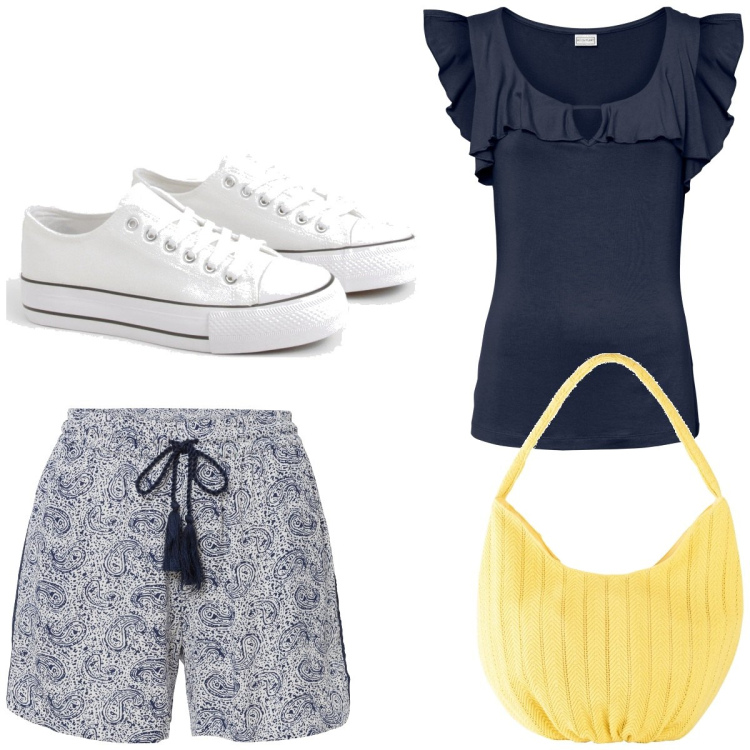 Outfit femme - En vacances. Style Urban pour Tous les jours. Assortir avec short, hauts, sac cabas, sneakers.