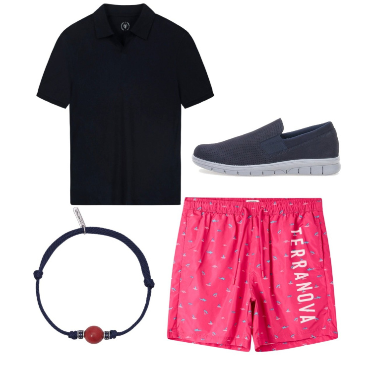 Outfit uomo - Pantaloncini. Stile Casual per Tutti i giorni. Abbinamento con costumi, braccialetti, scarpe stringate, polo.
