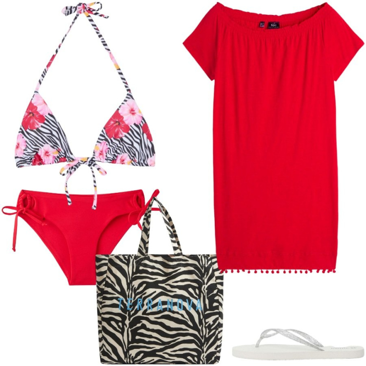Outfit donna - Mare mare. Stile Casual per Mare. Abbinamento con vestiti, borse tote, bikini, bikini, infradito.