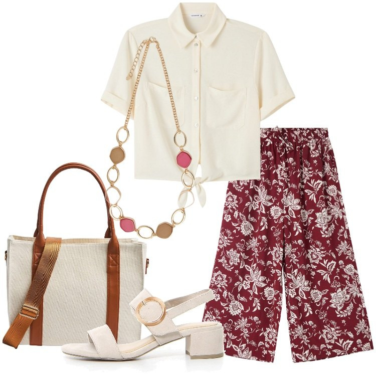 Outfit donna - Coordinati leggeri e chic. Stile Casual chic per Ufficio. Abbinamento con camicie a manica corta, shopping bag, pantaloni a palazzo, collane, sandali col tacco.