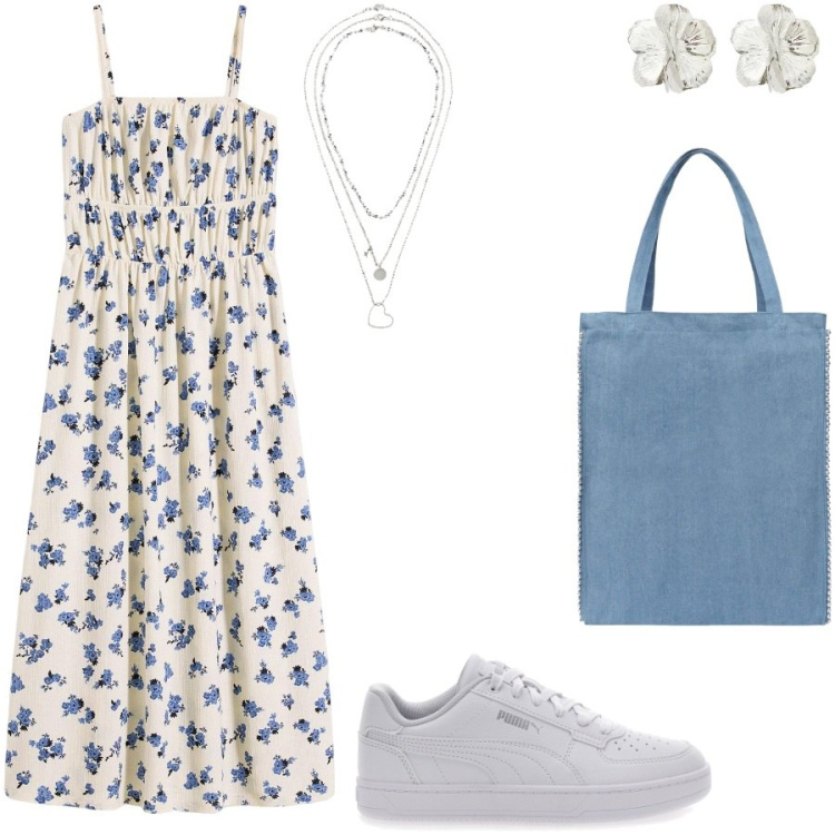 Outfit donna - Fleurs. Stile Casual per Tutti i giorni. Abbinamento con collane, vestiti, borse tote, orecchini, sneakers.