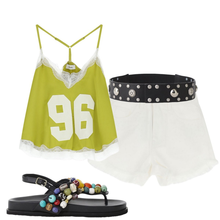 Outfit donna - Giornata al mare. Stile Casual per Mare. Abbinamento con shorts, top, sandali gioiello, cinture.