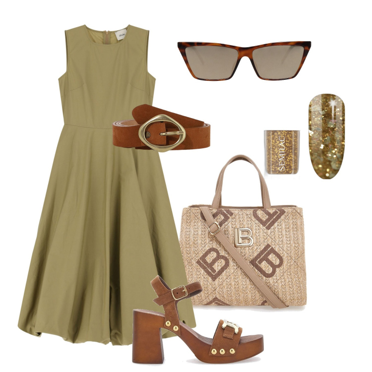 Outfit donna - L’abito midi H24. Stile Trendy per Tutti i giorni. Abbinamento con occhiali da sole, smalti, vestiti midi/longuette, cinture, borse a tracolla, zoccoli.