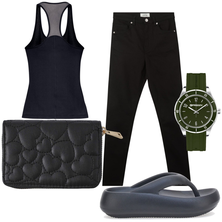 Outfit donna - Finalmente a casa. Stile Basic per Tutti i giorni. Abbinamento con pantaloni skinny, portafogli, orologi, infradito, canottiere.