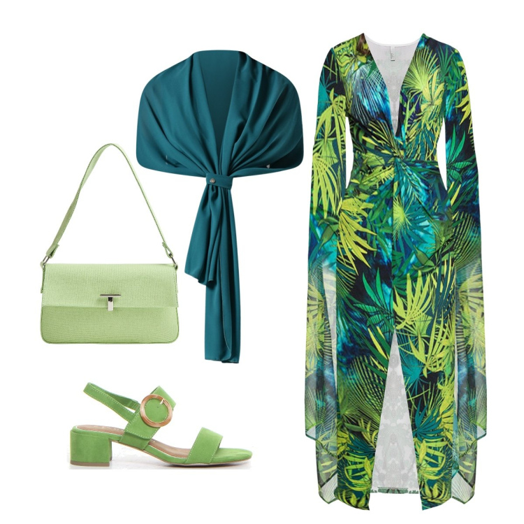 Outfit donna - Serata. Stile Glamour per Serata fuori. Abbinamento con vestiti, borse a spalla, scialli, sandali col tacco.