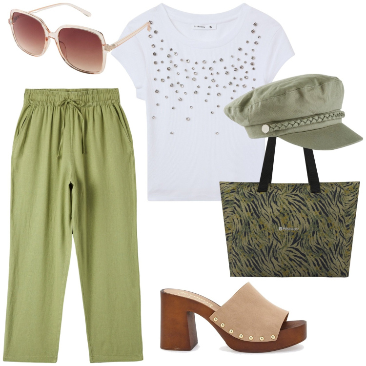 Outfit donna - Accessori estivi. per Tutti i giorni. Abbinamento con occhiali da sole, cappelli, pantaloni, t-shirt, shopping bag, zoccoli.