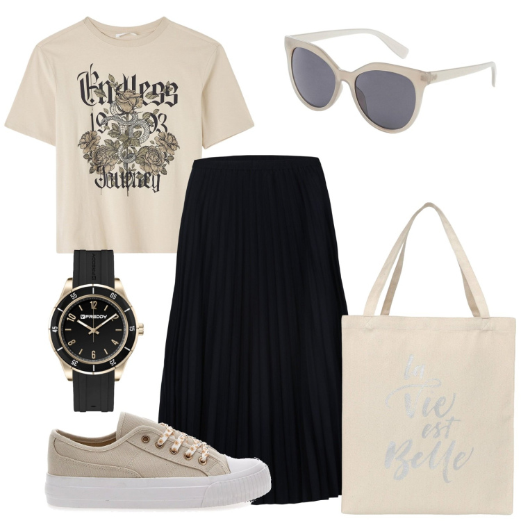 Outfit donna - Longuette fresca e comoda. Stile Casual per Tutti i giorni. Abbinamento con borse a tracolla, t-shirt, borse tote, orologi, sneakers, gonne longuette.