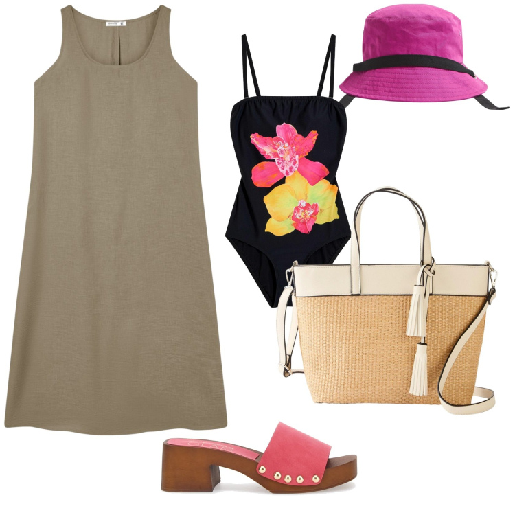 Outfit donna - Accessori estivi. per Mare. Abbinamento con costumi interi, shopping bag, vestiti lunghi, cappelli, zoccoli.