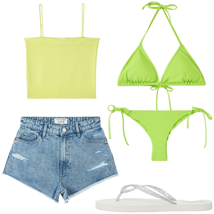 Outfit donna - Verde lime. Stile Basic per Mare. Abbinamento con canottiere, bikini, bikini, shorts, infradito.