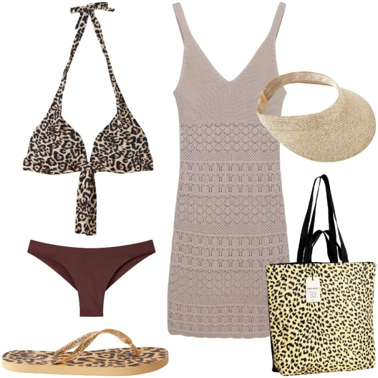 Outfit donna - Al mare. Stile Sexy per Mare. Abbinamento con cappelli con visiera, bikini, infradito, vestiti corti, bikini, borse tote.