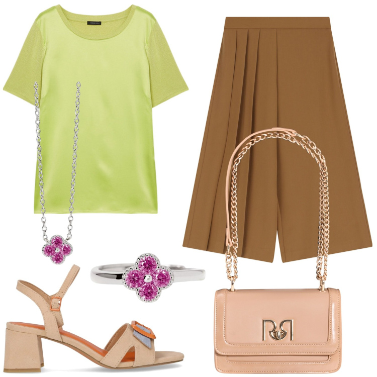 Outfit donna - Verde lime. Stile Casual per Ufficio. Abbinamento con collane, anelli, borse a tracolla, pantaloni, t-shirt, sandali col tacco.