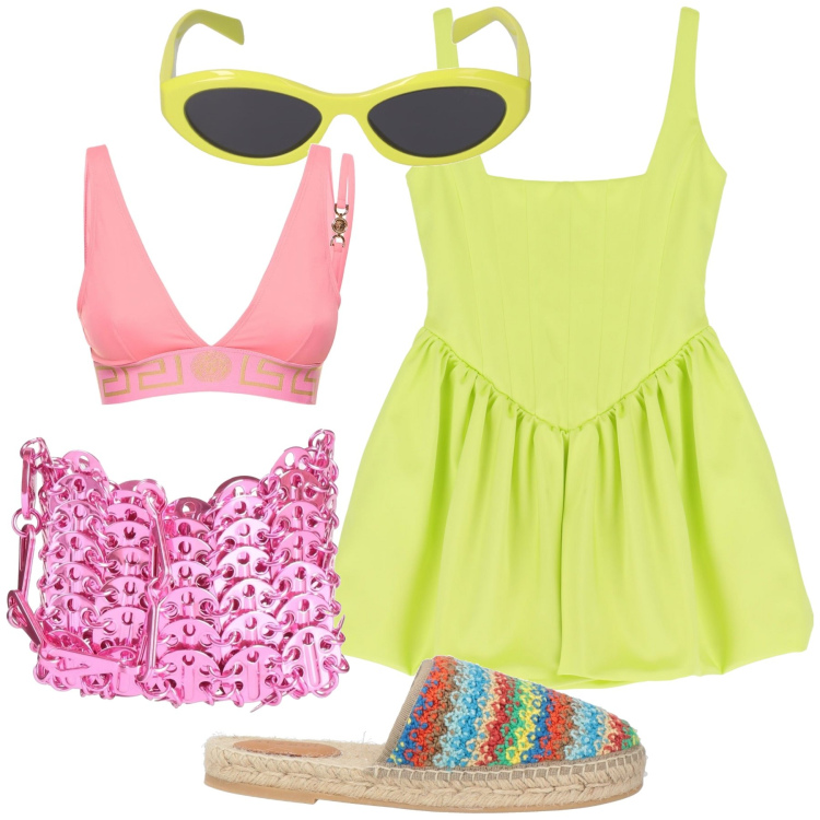 Outfit donna - Pranzo sul mare. Stile Glamour per Mare. Abbinamento con borse a tracolla, espadrillas, vestiti corti, occhiali da sole, bikini.