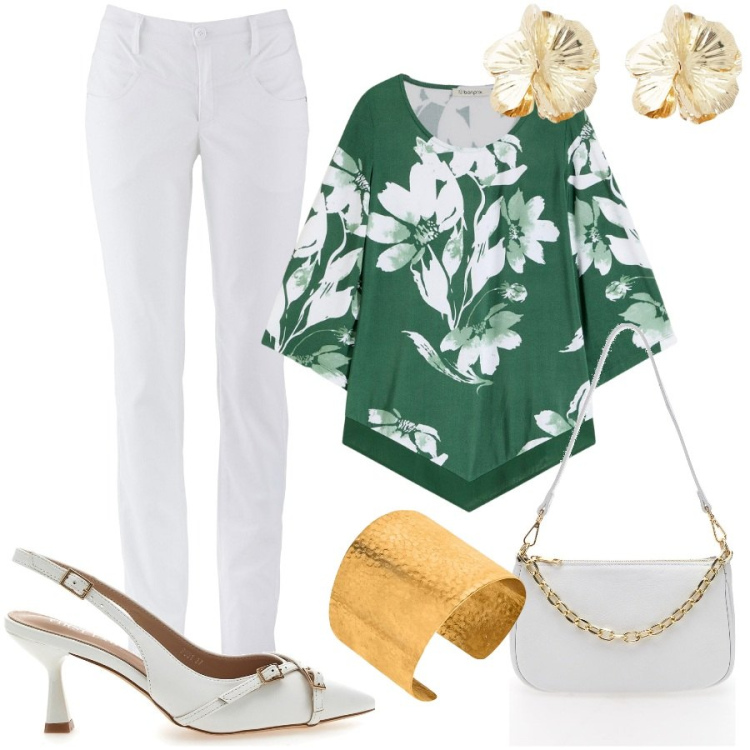 Outfit donna - Domenica a pranzo fuori. Stile Chic per Serata fuori. Abbinamento con pantaloni, bluse, orecchini, décolleté, borse a tracolla, braccialetti.