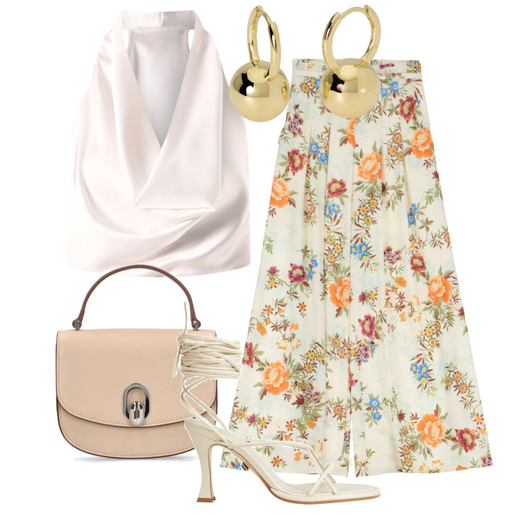 Outfit donna - Cerimonia a fiori. Stile Chic per Cerimonia. Abbinamento con sandali col tacco, orecchini, top, pantaloni a palazzo, borse a mano.