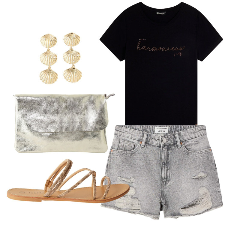 Outfit donna - Stasera così. Stile Casual chic per Serata fuori. Abbinamento con shorts, orecchini, sandali, t-shirt, borse a tracolla.