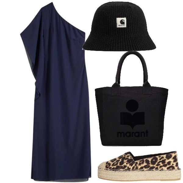 Outfit donna - Fuori la spalla. Stile Chic per Tutti i giorni. Abbinamento con vestiti asimmetrici, espadrillas, shopping bag, cappelli.